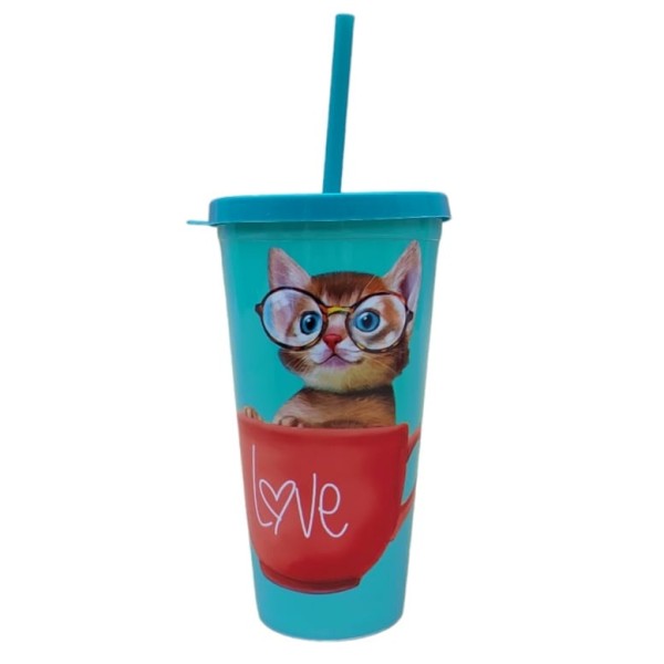 Copo plastico com canudo gato love