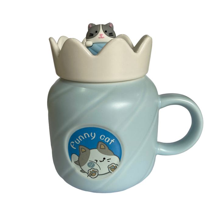 Caneca Azul Tampa + mexedor Gatinho