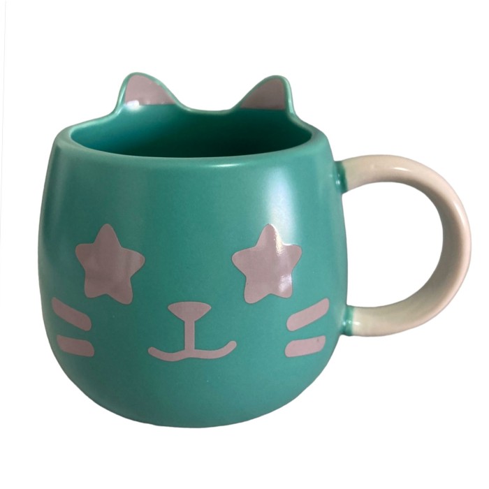 Caneca Colorida Verde e Rosa Carinha de Gato Emoji