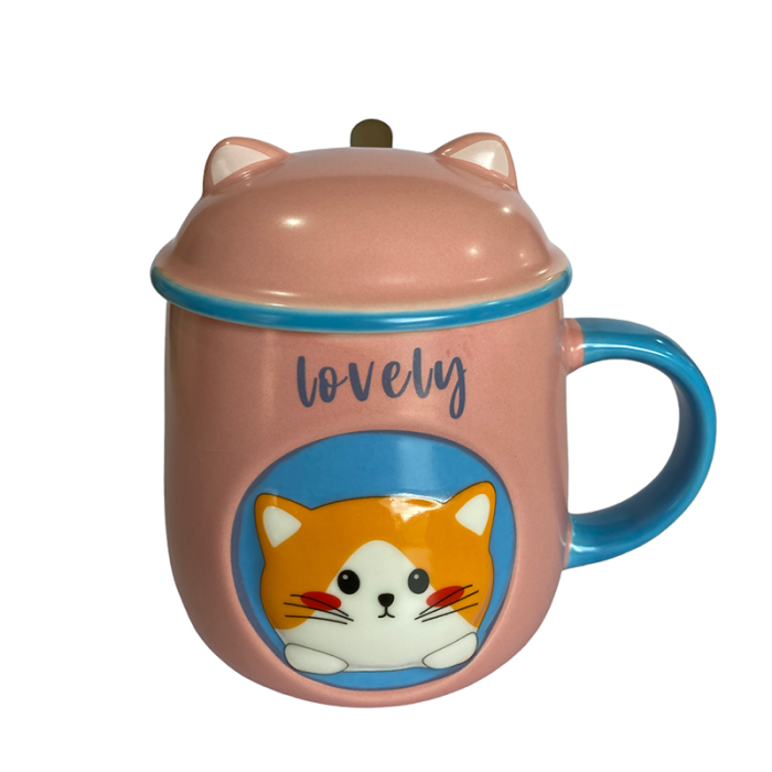 Caneca Rosa Gatos Lovely com Tampa e Colher