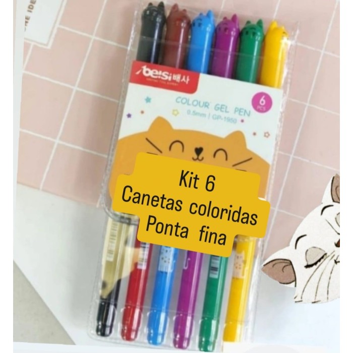 kit 6 canetas ponta fina coloridas gatinhos