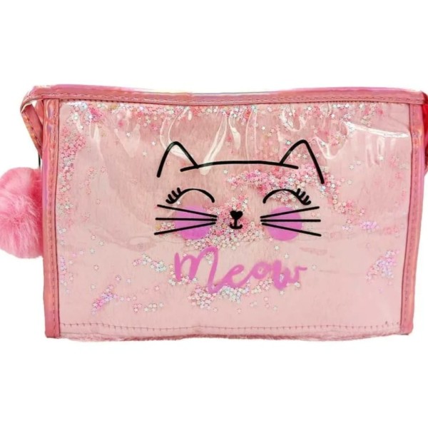 Nécessaire  rosa com Transparência e estrelinhas glitter Meow