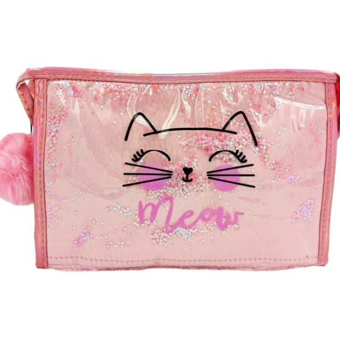 Nécessaire  rosa com Transparência e estrelinhas glitter Meow