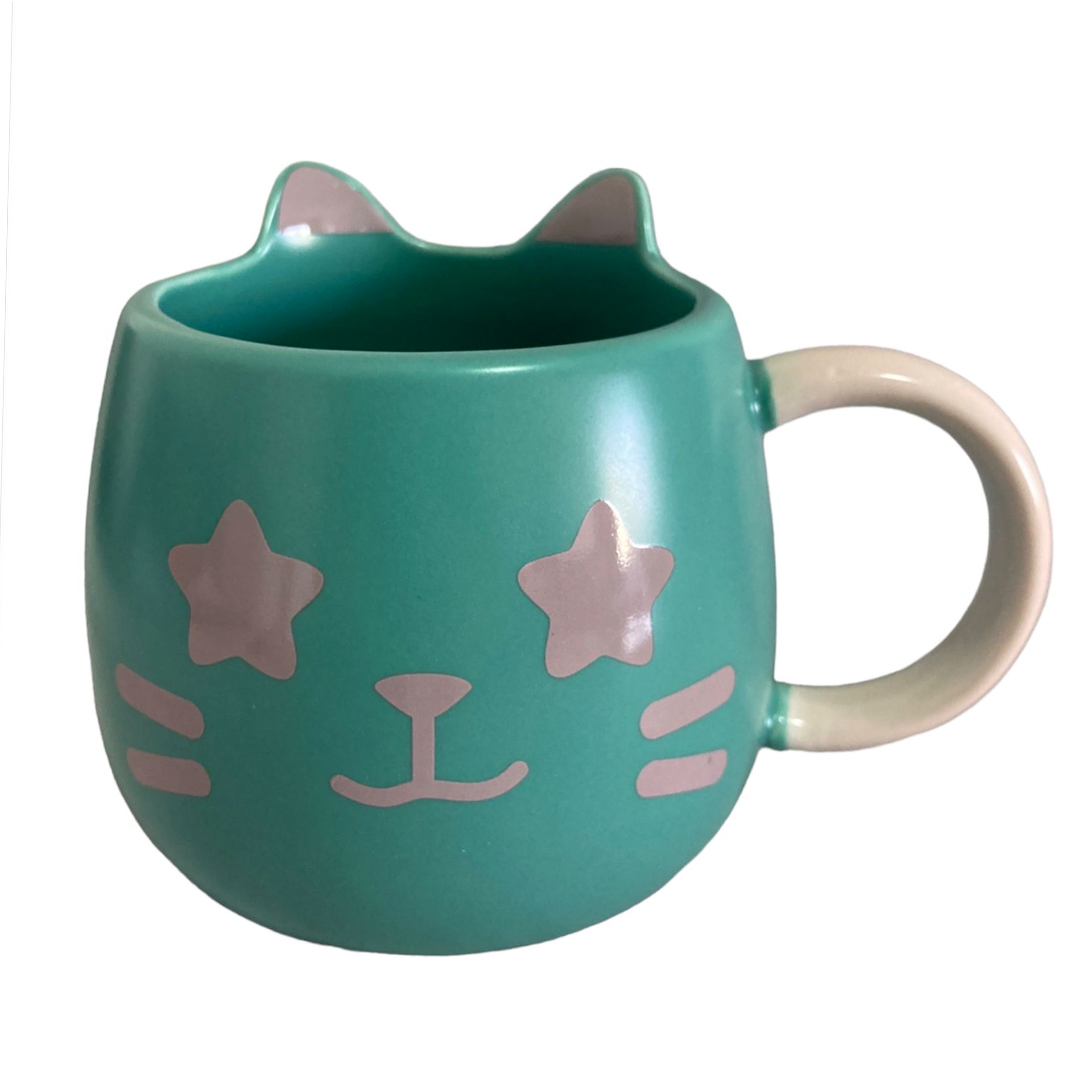 Caneca Colorida Verde e Rosa Carinha de Gato Emoji