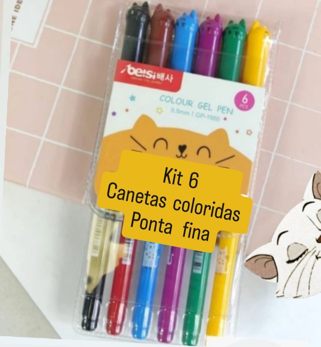 kit 6 canetas ponta fina coloridas gatinhos